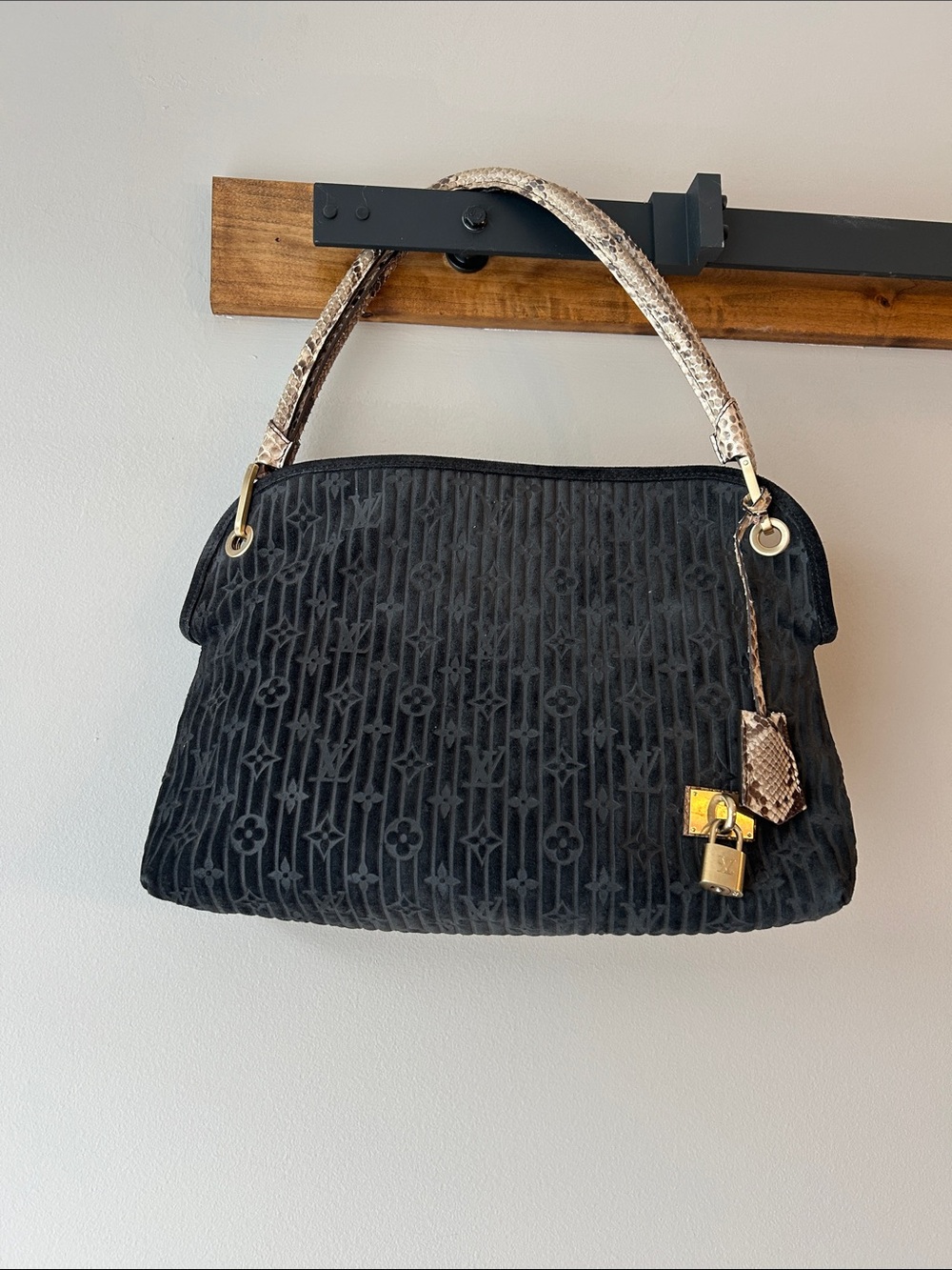 Louis Vuitton Black Monogram Velvet Shoulder Bag with Snakeskin Handle